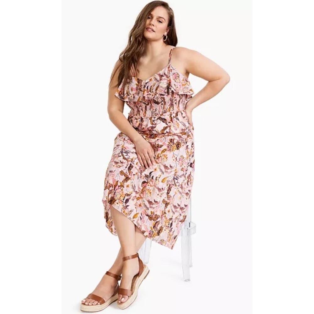 $130 Inc International Concepts Plus Size Smocked Ruffled Dress Beige